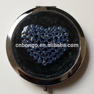 decorative heart design decor compact mirror with rhinestones & black enamel